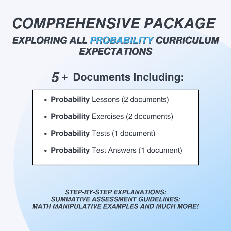 Promotional text for a comprehensive probability curriculum package on a light blue background