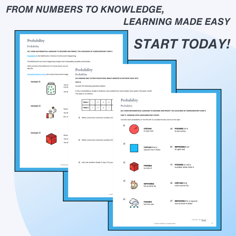 Educational material on probability with text 'From Numbers to Knowledge, Learning Made Easy Start Today!' on a light blue background.