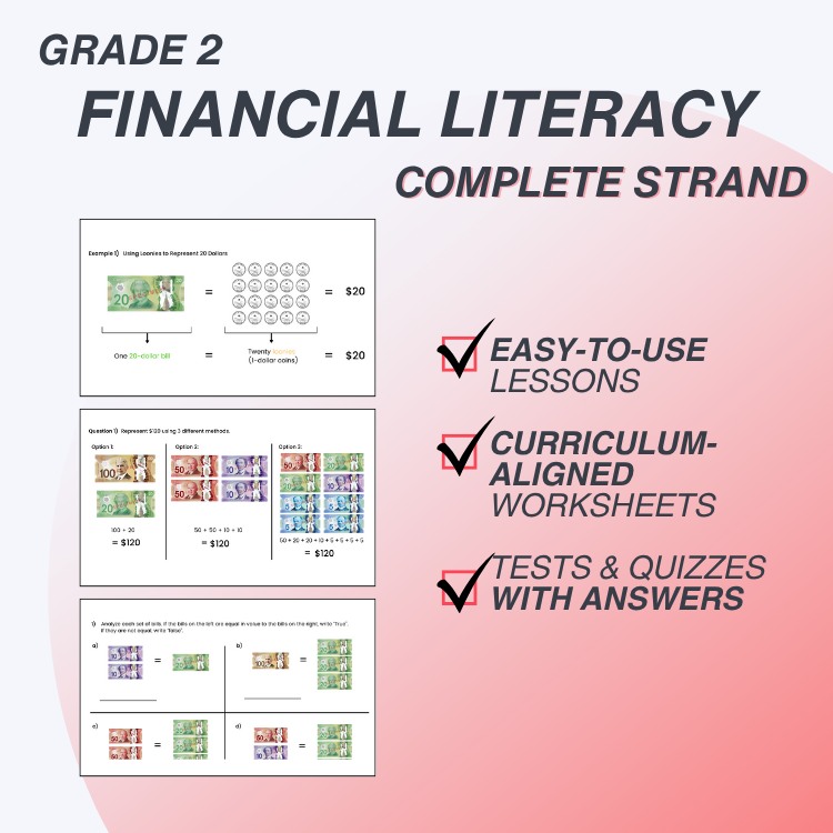 Advertisement for Grade 2 Financial Literacy materials with checkmarks indicating features.