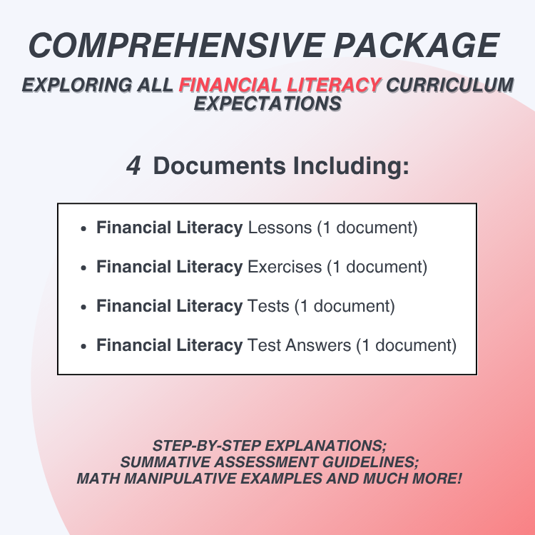 Promotional text for a comprehensive financial literacy package with documents and explanations.