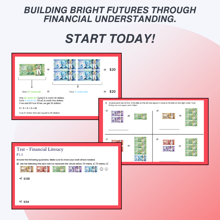 Educational materials on financial literacy with text 'Building Bright Futures Through Financial Understanding. Start Today!' on a pink background.