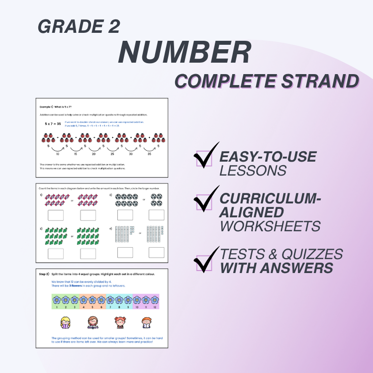 Educational materials for Grade 2 Number Complete Strand with checkmarks indicating features.