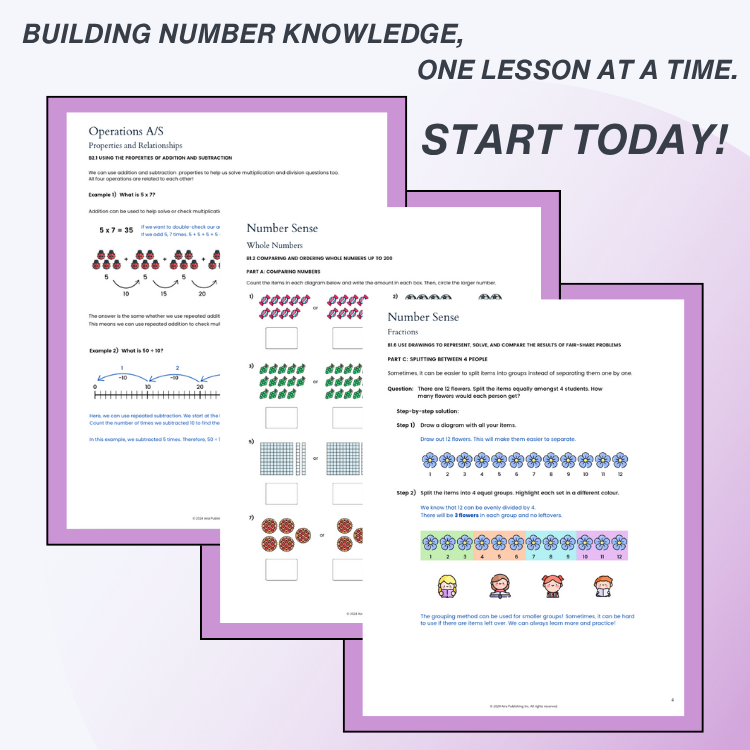 Educational worksheets on a light purple background with promotional text.