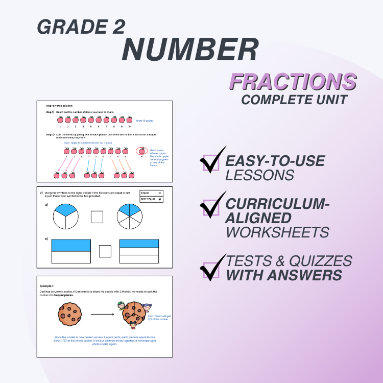 Educational materials for Grade 2 Number Fractions on a gradient background