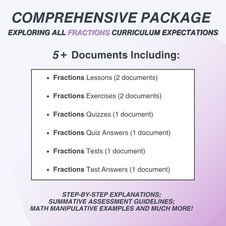 Promotional graphic for a comprehensive fractions curriculum package with document list on a gradient background.