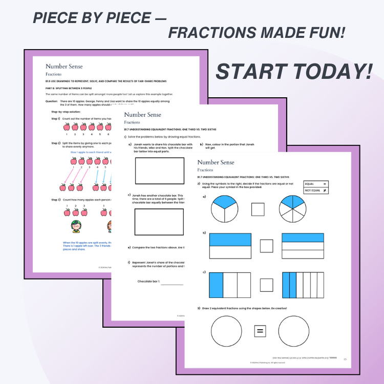 Educational fraction worksheet with visual aids on a light purple background