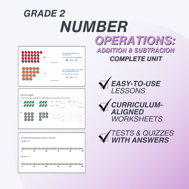 Educational materials for Grade 2 Number Operations Addition & Subtraction on a gradient background