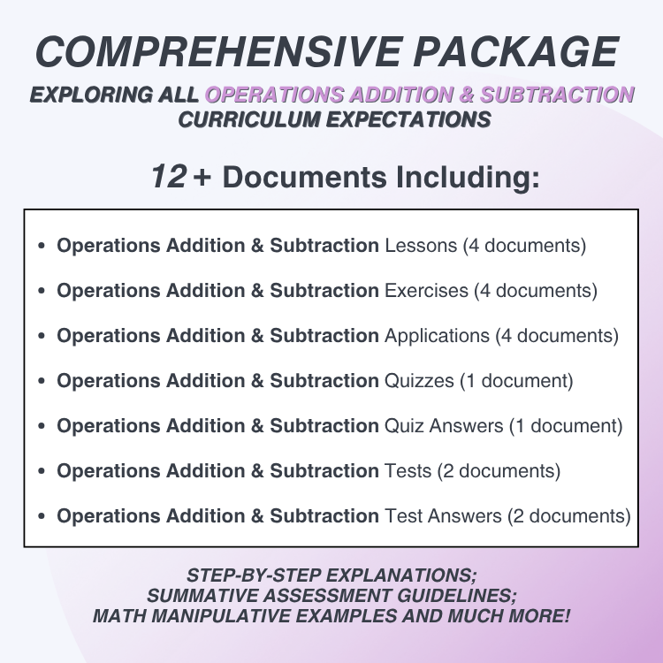 Promotional text for a comprehensive package on operations addition and subtraction curriculum expectations with a purple gradient background.
