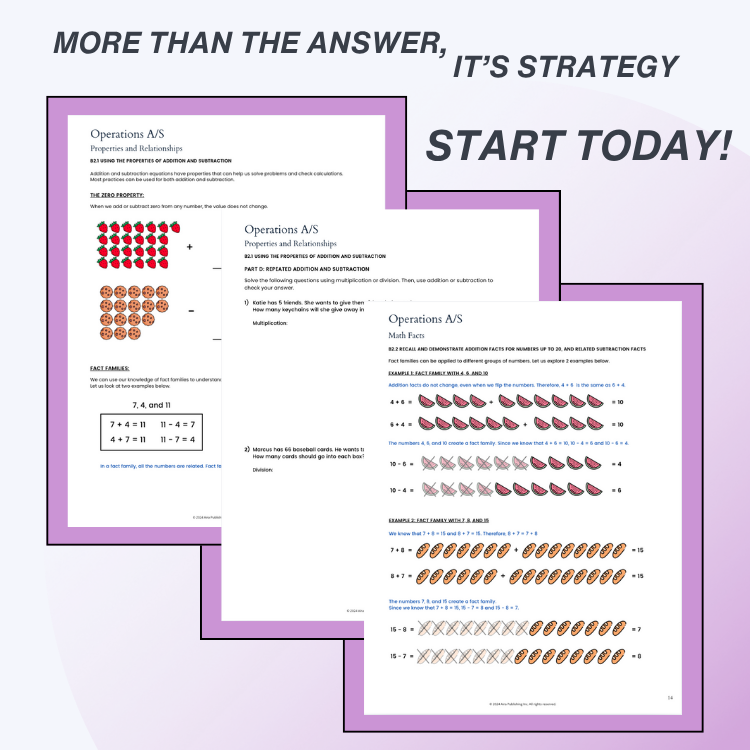 Educational materials with text 'More than the answer, it's strategy. Start today!' on a purple background.