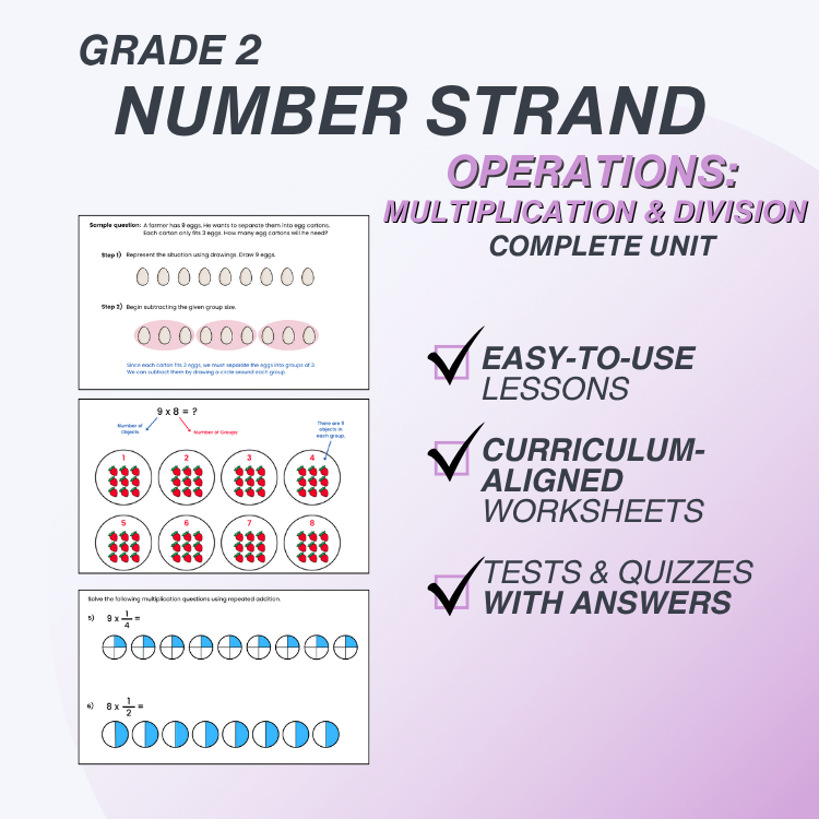 Educational materials for Grade 2 Number Strand Operations with multiplication and division examples on a purple background.