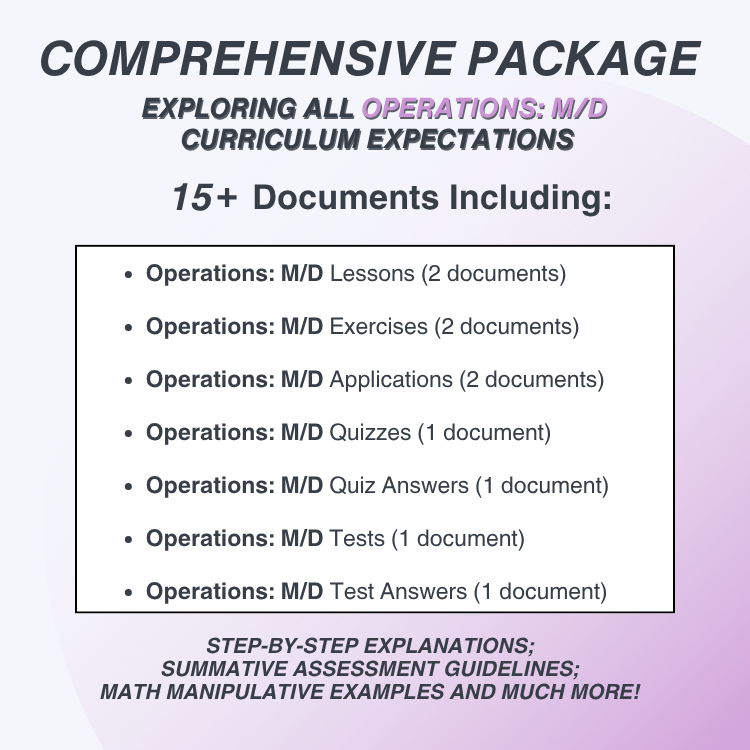 Promotional text for a comprehensive package exploring Operations: M/D curriculum expectations with document list on a light purple background.