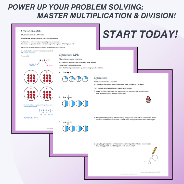 Educational materials on multiplication and division with a purple border and text overlay.