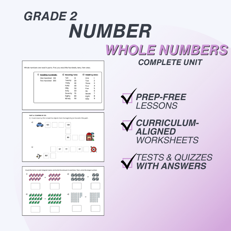 Educational materials for Grade 2 whole numbers on a gradient purple background