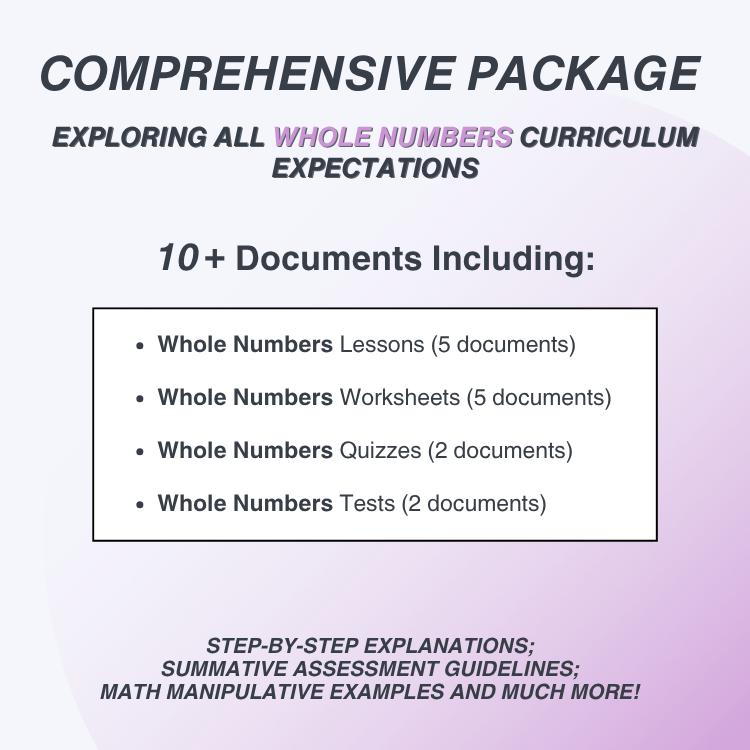 Promotional text for a comprehensive package on whole numbers curriculum expectations with a gradient background.