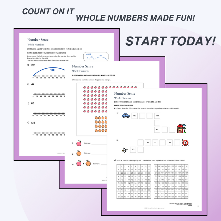 Educational worksheet on number sense with a purple border and text 'Count on It Whole Numbers Made Fun! Start Today!'