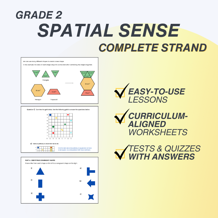 Grade 2 Spatial Sense educational materials with worksheets and tests on a yellow background