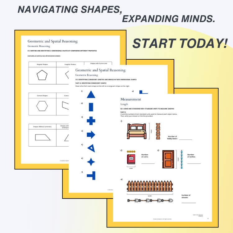 Educational materials on geometric shapes and spatial reasoning with a call to action 'Start Today'.