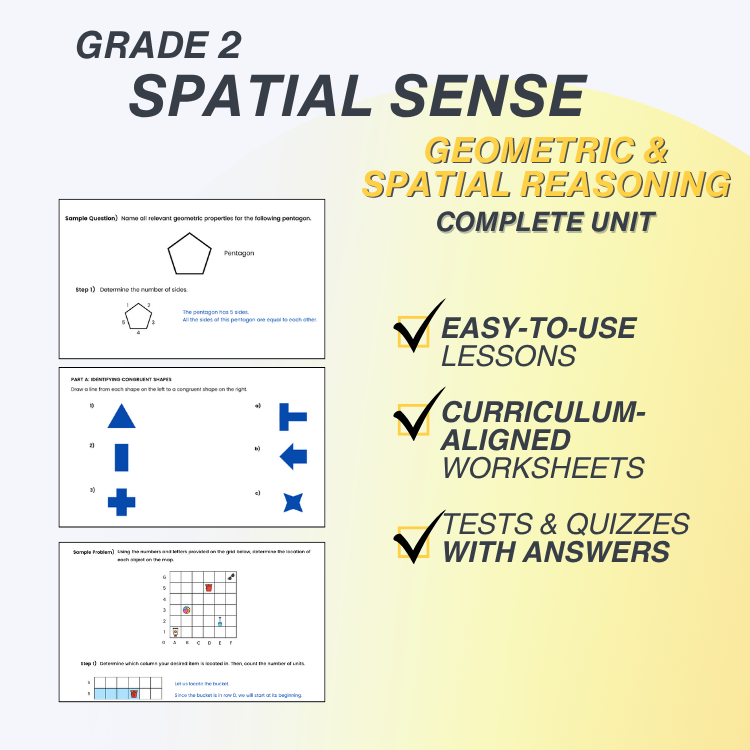 Advertisement for a Grade 2 Spatial Sense educational resource with geometric shapes and text on a gradient background.