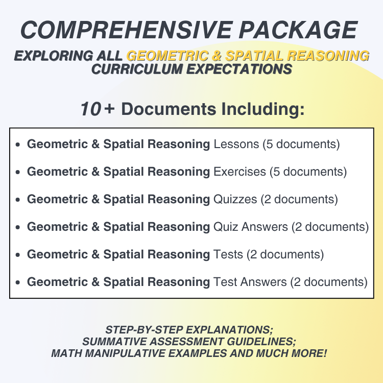 Promotional text for a comprehensive package on geometric and spatial reasoning curriculum expectations.