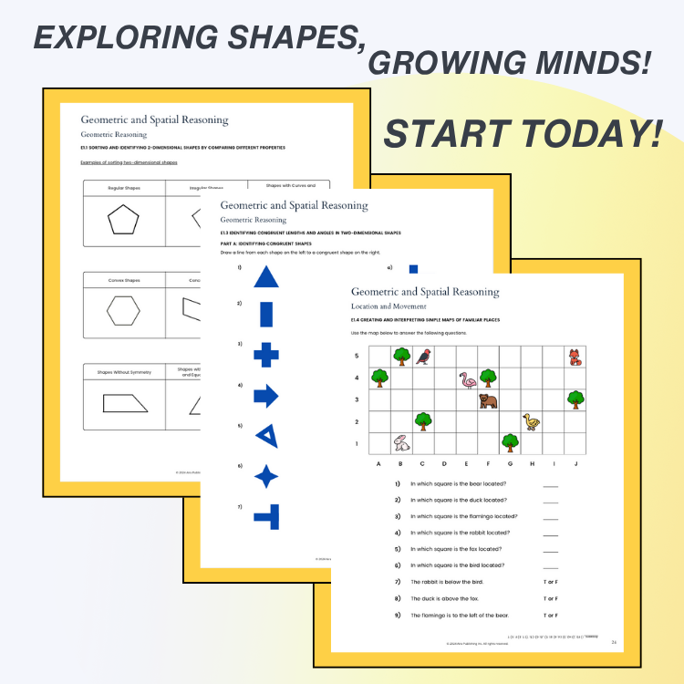 Educational worksheets on geometric and spatial reasoning with shapes and patterns, framed against a yellow background.