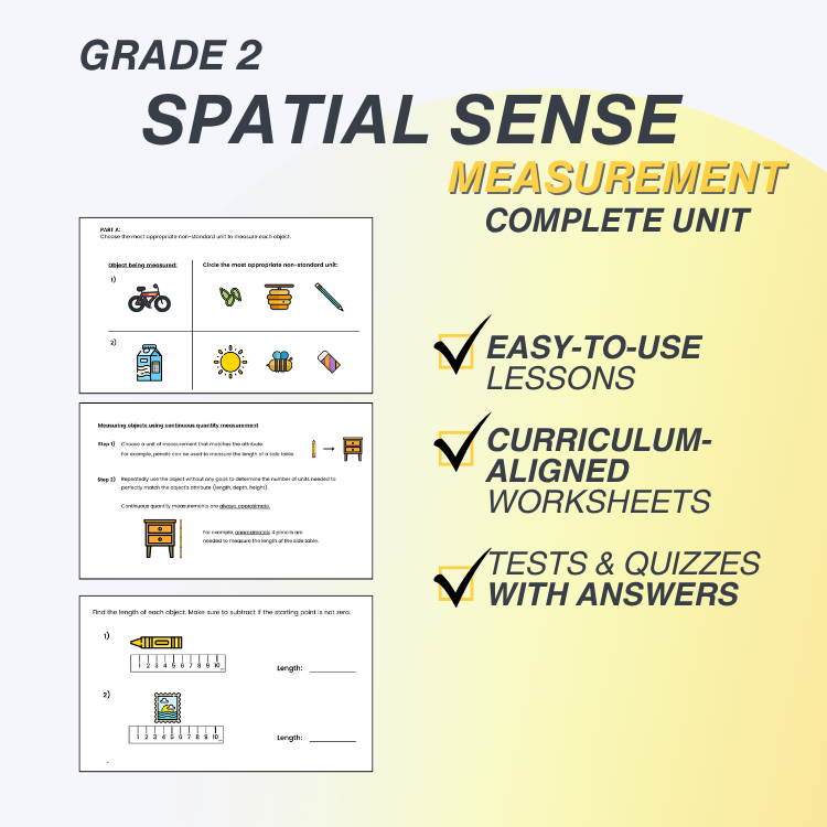 Grade 2 Spatial Sense Measurement educational materials with worksheets and tests on a yellow and white gradient background.