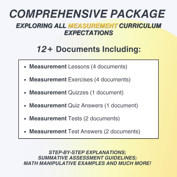 Promotional graphic for a comprehensive measurement curriculum package with document list and features.
