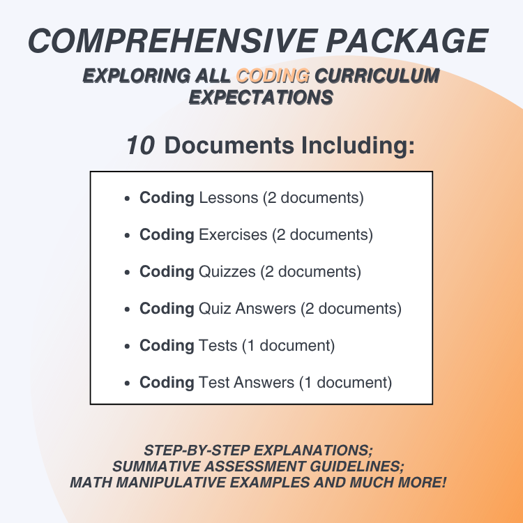 Promotional graphic for a comprehensive coding curriculum package with document list and gradient background.