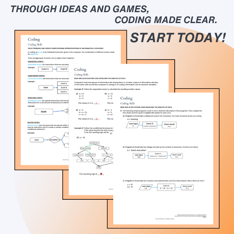 Educational materials with coding concepts on a white background
