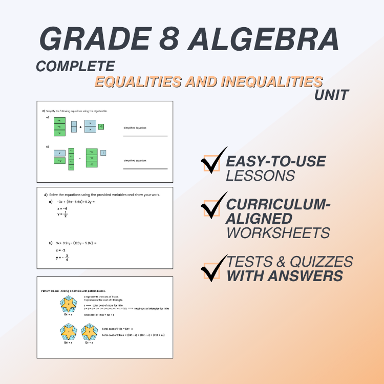 Grade 8 Algebra materials with worksheets, lessons, and tests on a gradient background