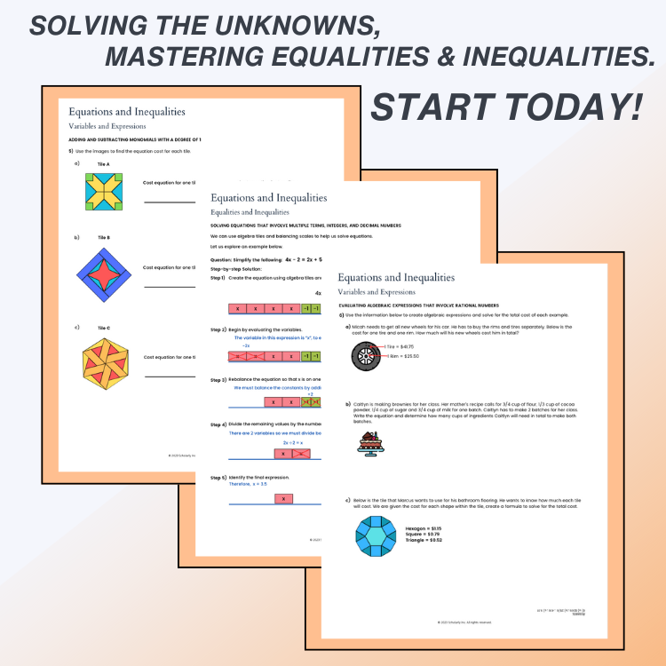 Educational materials on equations and inequalities with colorful geometric designs.