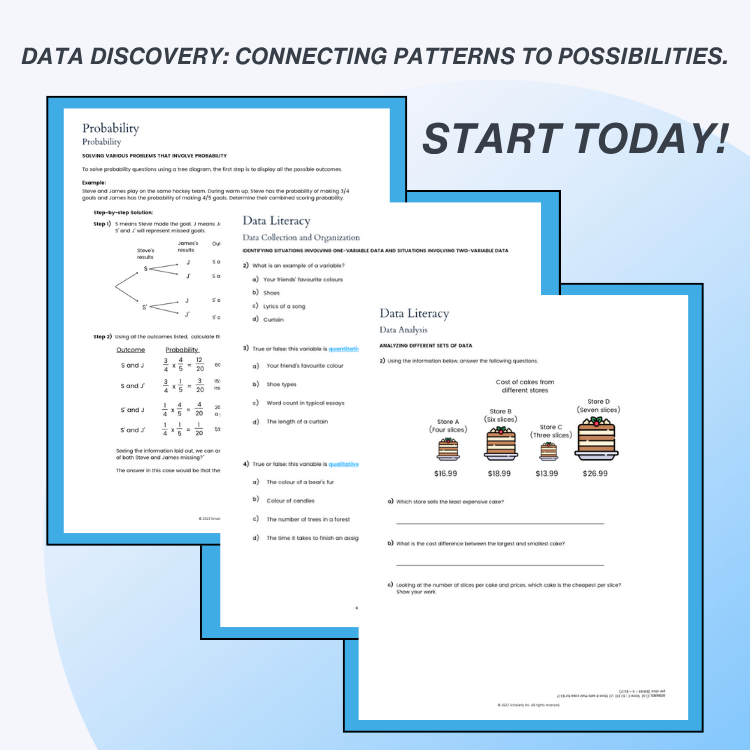 Educational materials on data literacy and probability with a blue border and text overlay.
