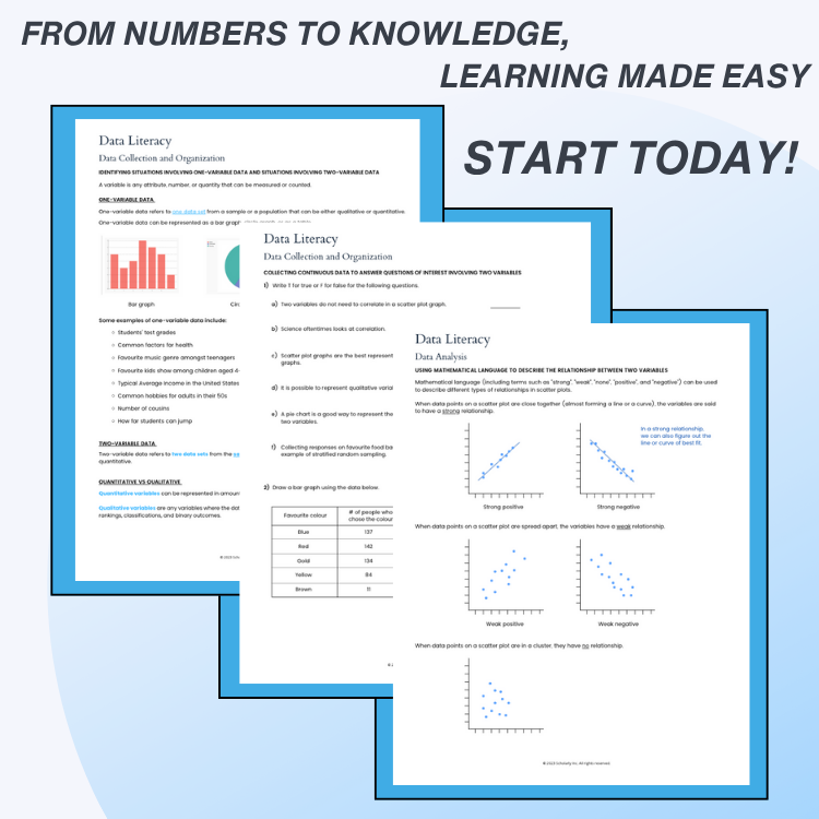 Educational materials with graphs and text on a white background, promoting data literacy.
