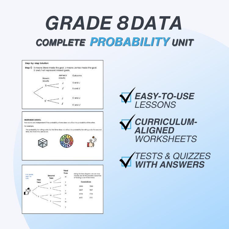 Grade 8 Data Probability Unit materials with checkmarks indicating features like easy-to-use lessons, curriculum-aligned worksheets, and tests/quizzes with answers on a light blue background.