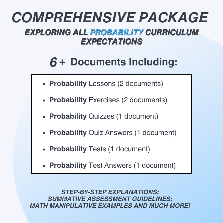 Promotional graphic for a comprehensive probability curriculum package with document list on a light blue background.