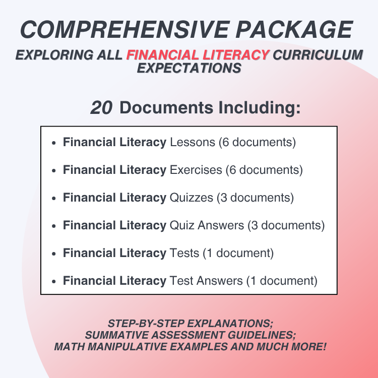 Promotional graphic for a comprehensive financial literacy curriculum package with document list and features.