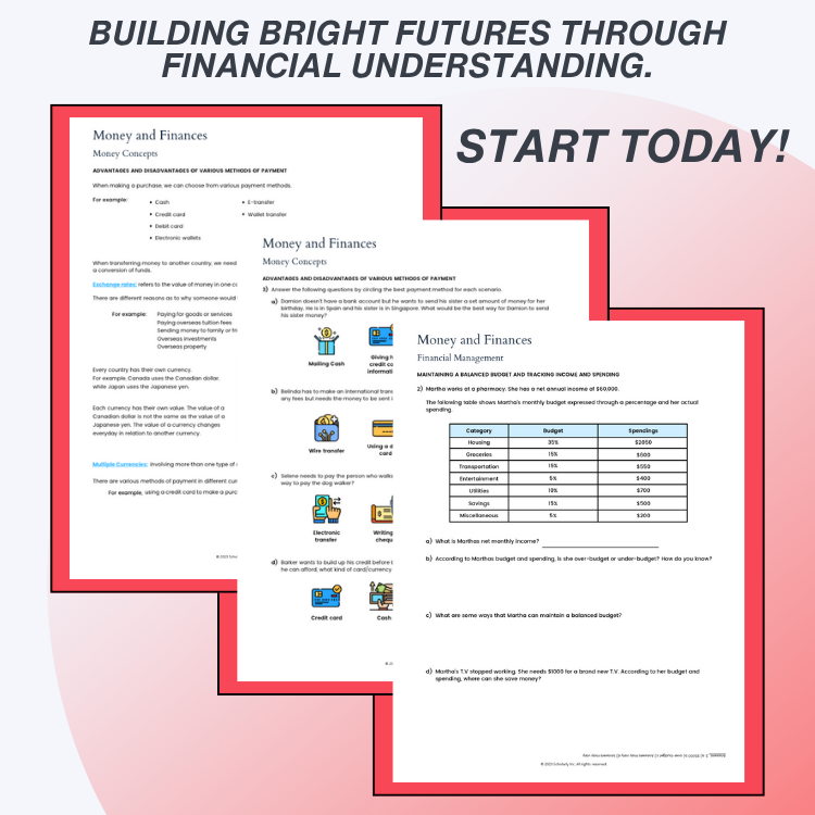 Educational material on money and finances for grade 8 students with text 'Building Bright Futures Through Financial Understanding. Start Today!' on a pink background.