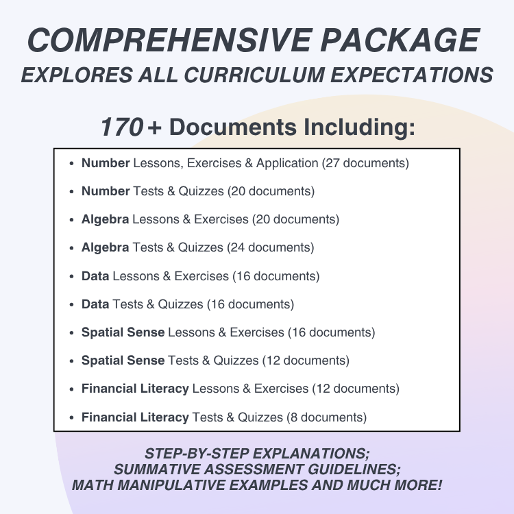 Comprehensive educational package with various curriculum expectations listed on a white background.