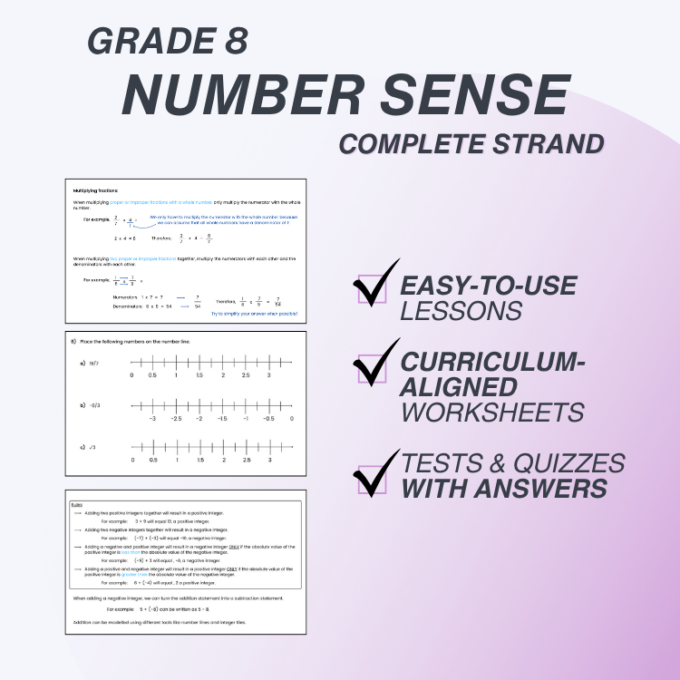 Educational materials for Grade 8 Number Sense with checkmarks indicating features like easy-to-use lessons, curriculum-aligned worksheets, and tests/quizzes with answers.