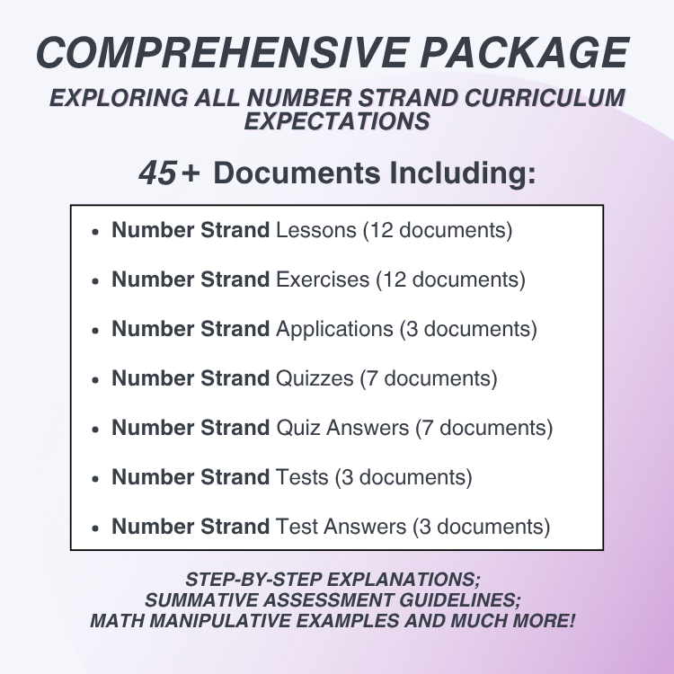 Comprehensive package for exploring number strand curriculum expectations with document list on a gradient background.