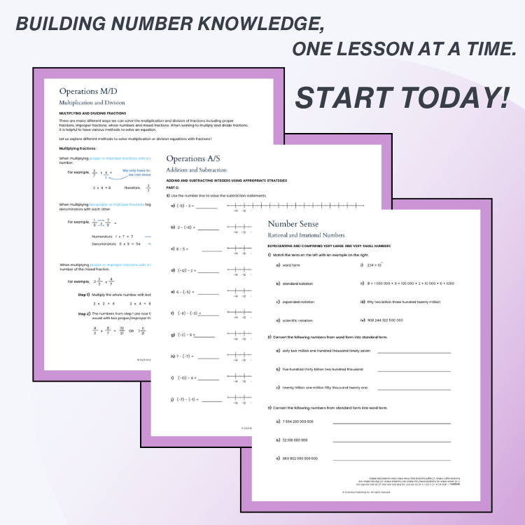 Educational worksheets with text about building number knowledge on a light purple background