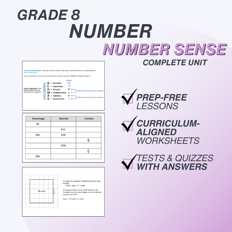 Educational materials for Grade 8 Number Sense on a gradient background