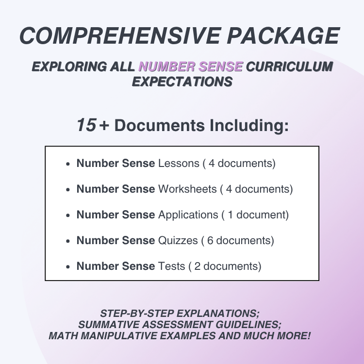 Promotional graphic for a comprehensive number sense curriculum package with document list on a gradient background.