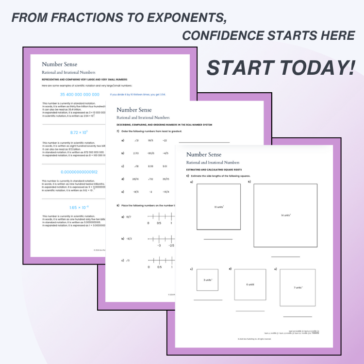 Educational materials on number sense with text 'From Fractions to Exponents, Confidence Starts Here Start Today!' on a purple background.