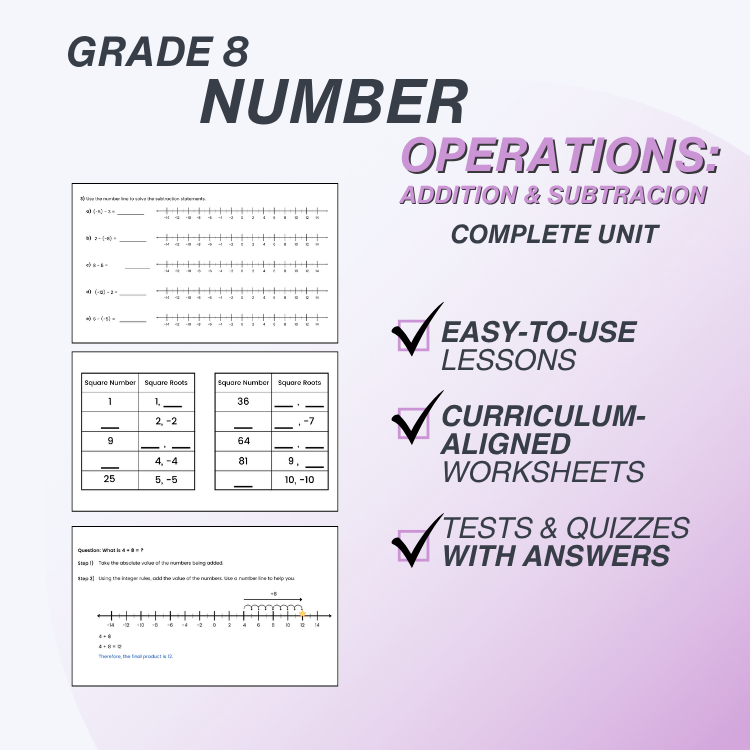 Educational materials for Grade 8 Number Operations with worksheets and tests on a gradient background.