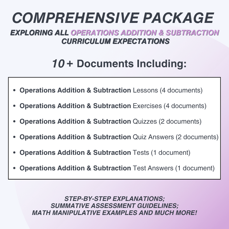 Promotional text for a comprehensive package on operations addition and subtraction curriculum expectations with a purple gradient background.