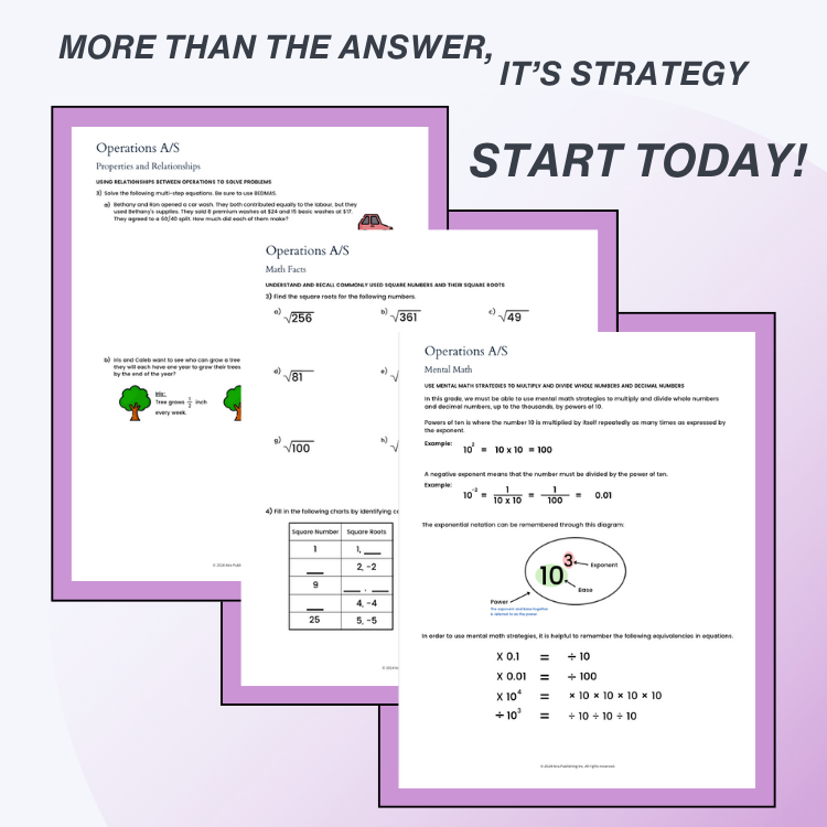 Educational worksheet with text 'More than the answer, it's strategy. Start today!' on a light purple background.
