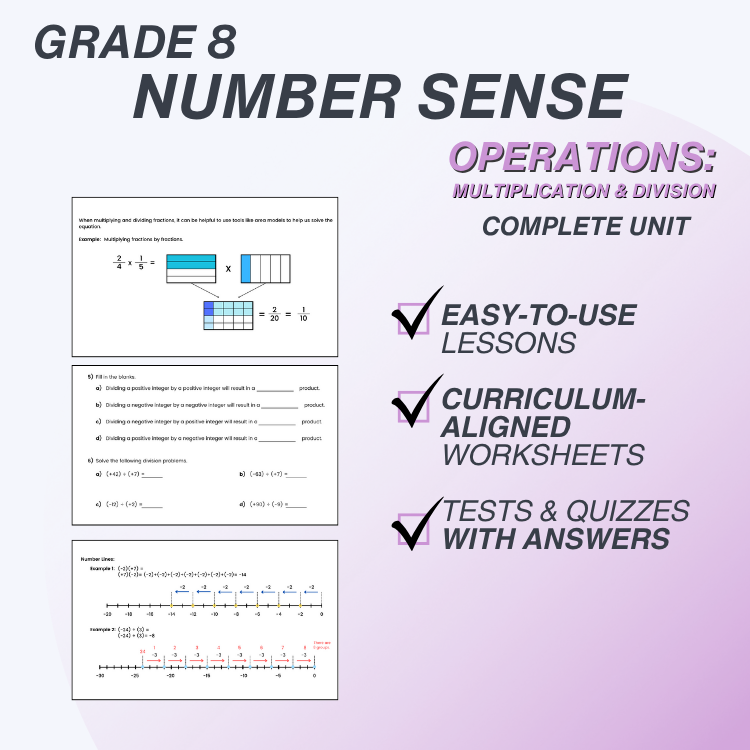 Grade 8 Number Sense Operations: Multiplication & Division curriculum materials on a gradient background