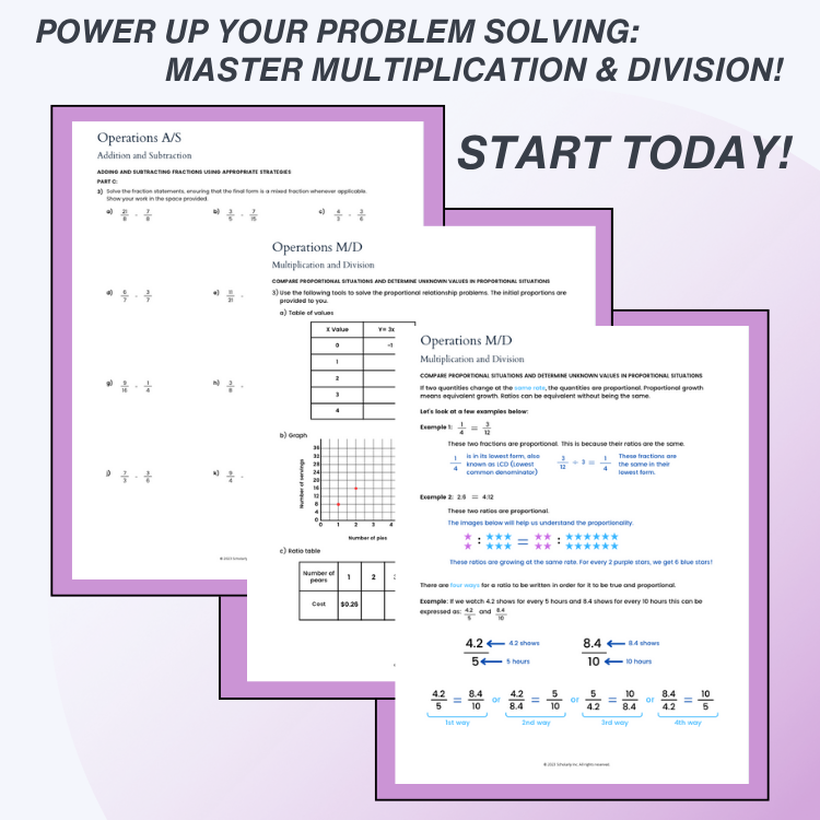 Educational materials for mastering multiplication and division with a purple border.