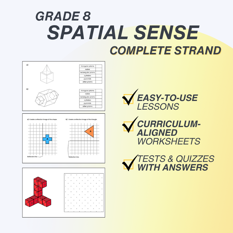 Grade 8 Spatial Sense educational materials with checkmarks indicating features like easy-to-use lessons, curriculum-aligned worksheets, and tests with answers.