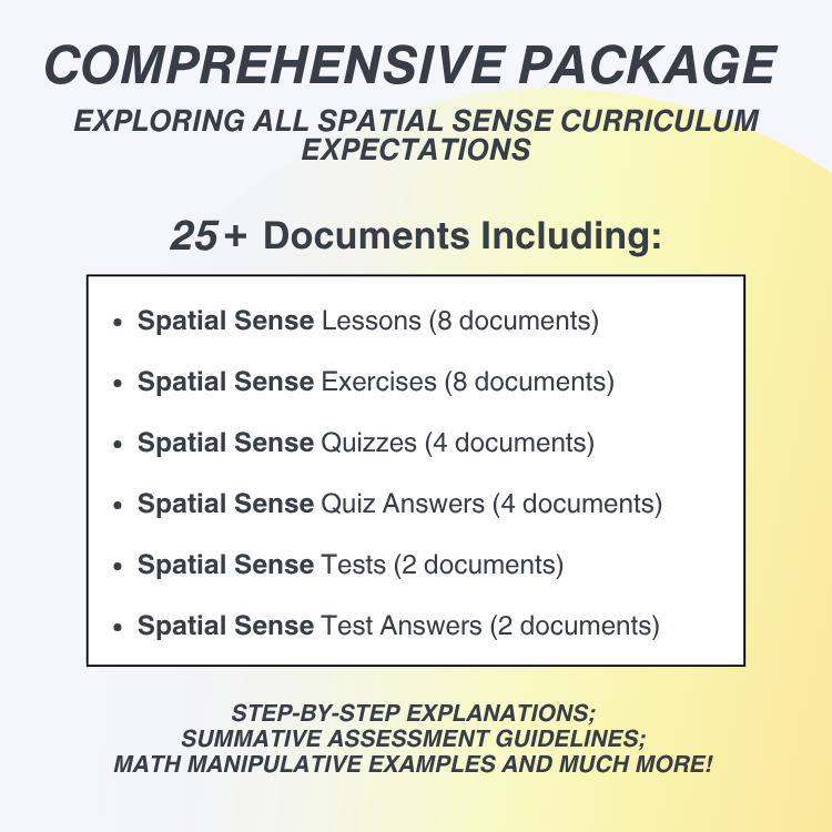 Promotional text for a comprehensive spatial sense curriculum package with document list on a gradient background.